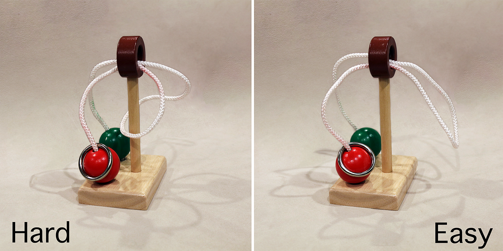 Two rope puzzles side by side. The left one is difficult, the right one is trivial.