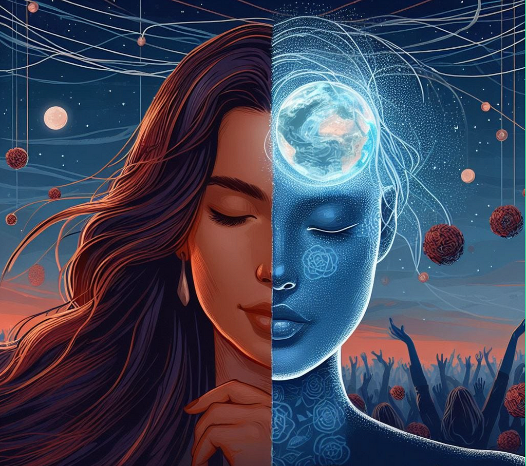Half of image is brown haired woman with eyes closed thinking and the second half is the other half of her face glowing in blue with the image of connection and globe in it.