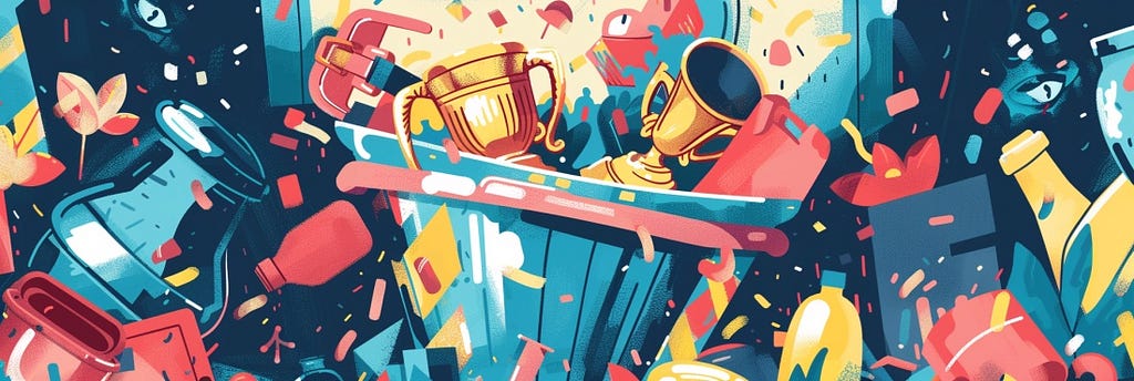 A colourful illustration of golden trophies in a metal garbage can.