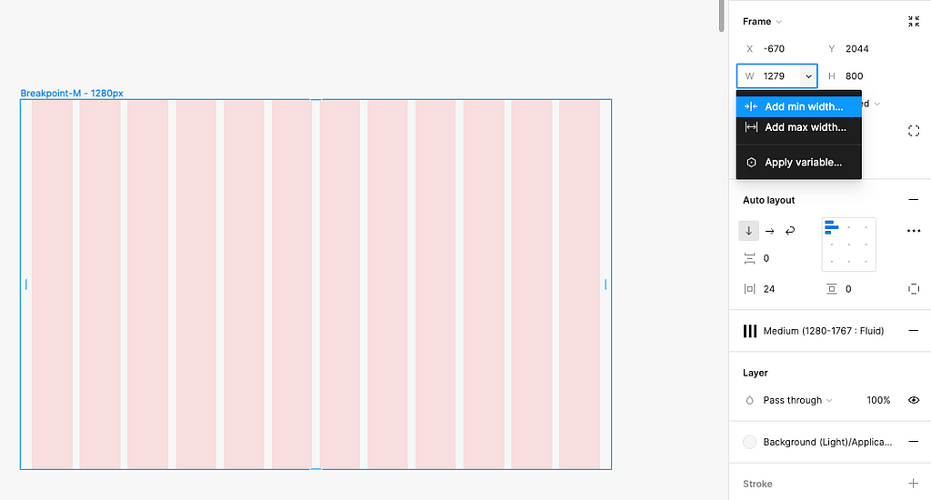Image from Figma showing how to apply a min and max constraint to a frame by selecting the width dropdown.