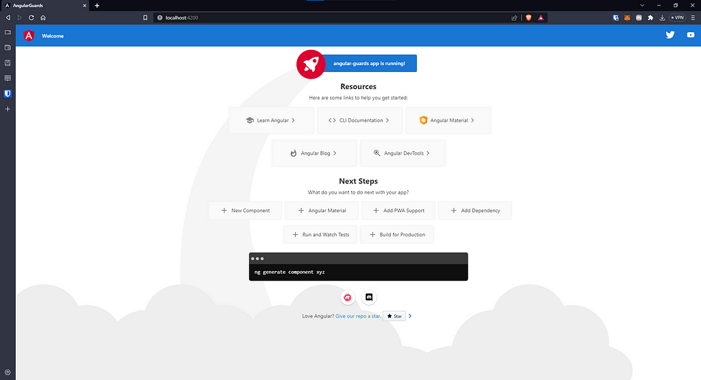 The starter page for a new Angular project
