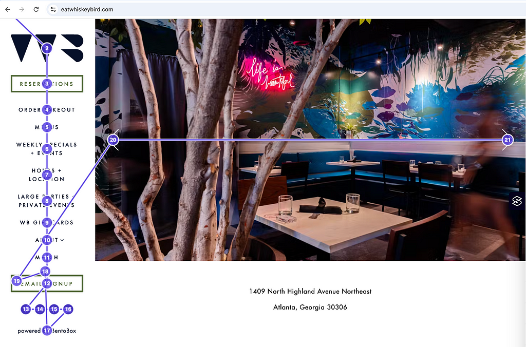 Home page of a restaurant with the page’s tab order shown in a numbered path