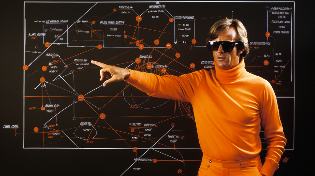 Midjourney created 1970s visual of a guy pointing to a football tactics board whilst wearing sunglasses.