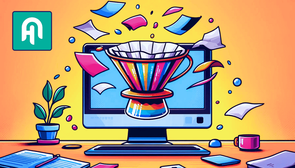 A colorful cartoon-style digital illustration of a V60 coffee filter displayed on a computer screen standing in front of an orange background. There are papers going into the filter