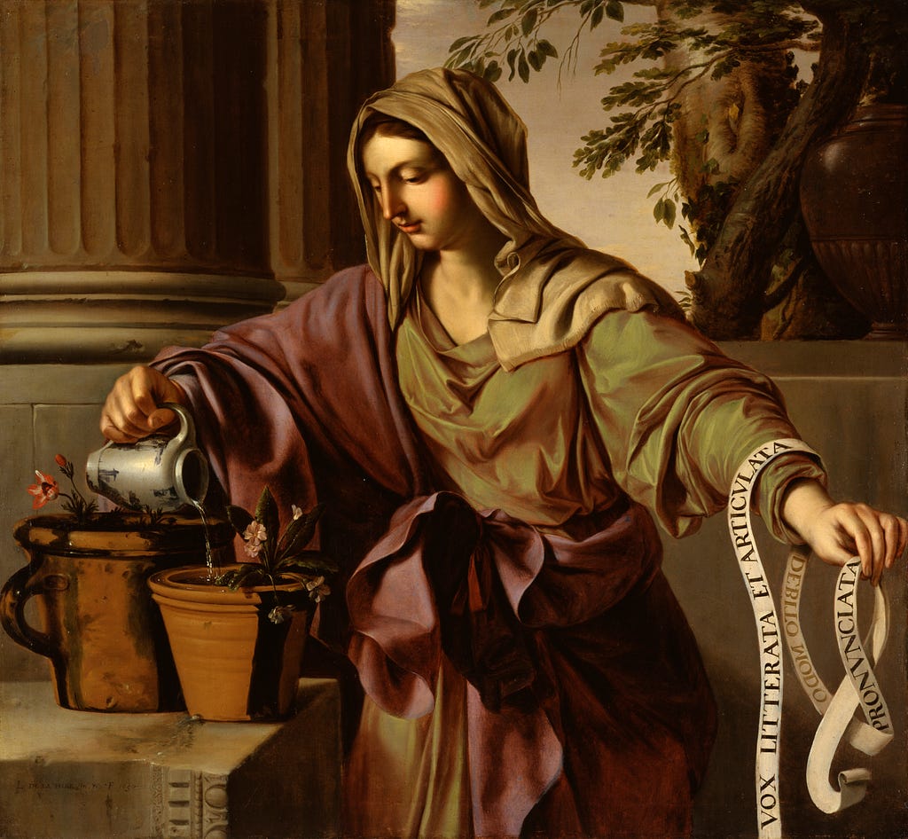 Painting of a woman in a robe pouring water onto a potted plant