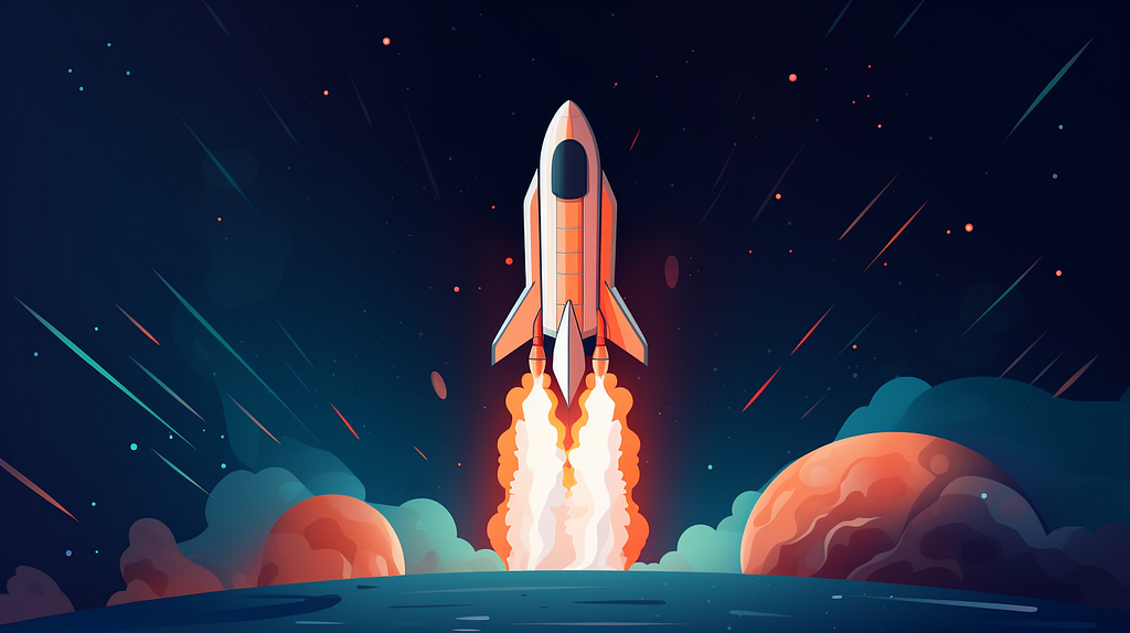 An illustration of a startup rocket ship blasting off, symbolizing the importance of speed to market.