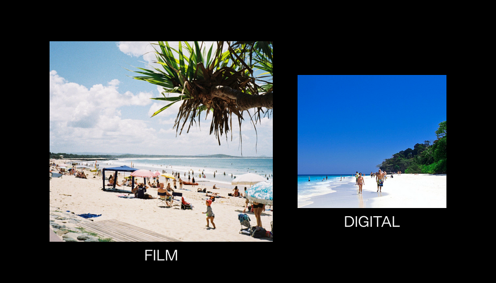 Two side by side stock photos of a beach. One is grainer and shot on film, the other is a glossy digital shot.