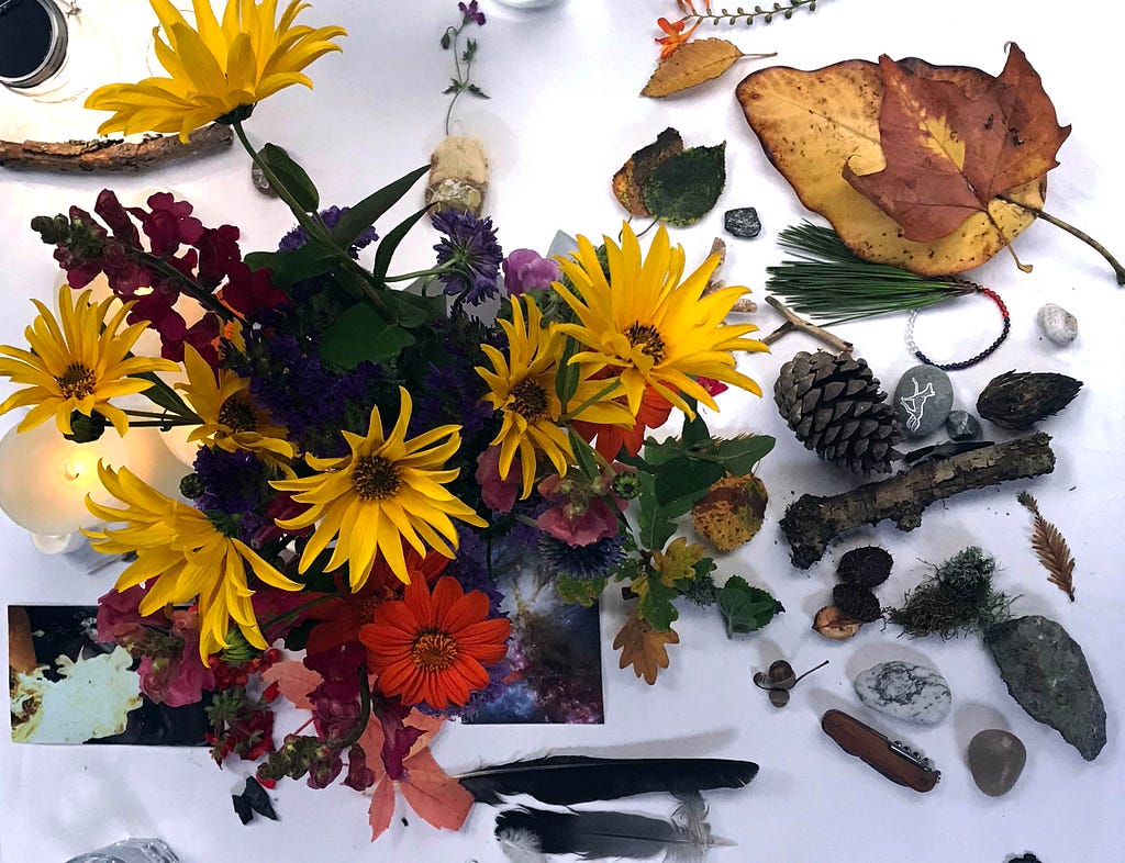 Flowers and natural objects against a white tablecloth