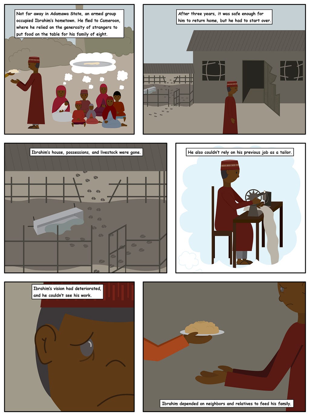 Illustrated story of Ibrahim, displaced to Cameroon for three years. When he returned, his home and belongings were gone.