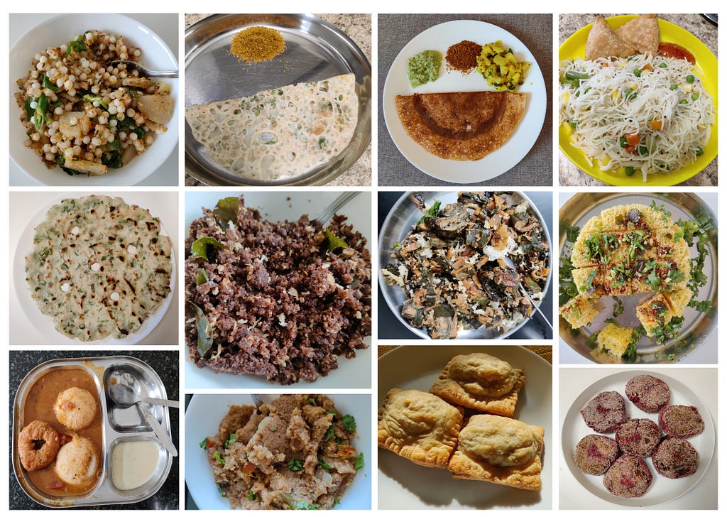 An image showing collage of photos of Indian Vegetarian breakfast dishes cooked by the author-Tanmaya