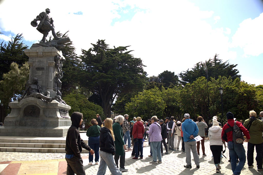 A huge statue of Magellan dominates a downtown plaza in Punta Arenas, Chile.