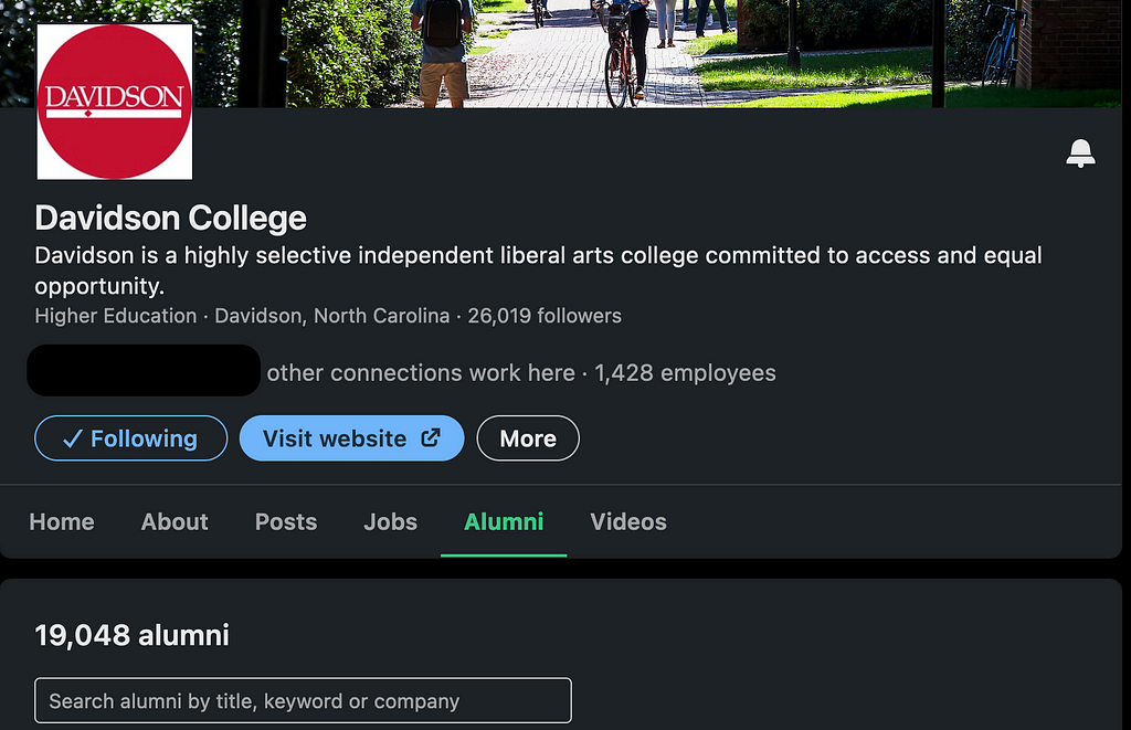 Screenshot of a page within LinkedIn to search through alumni