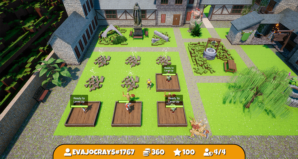An outdoor space behind a large medieval building. 4 characters await on their training platforms.