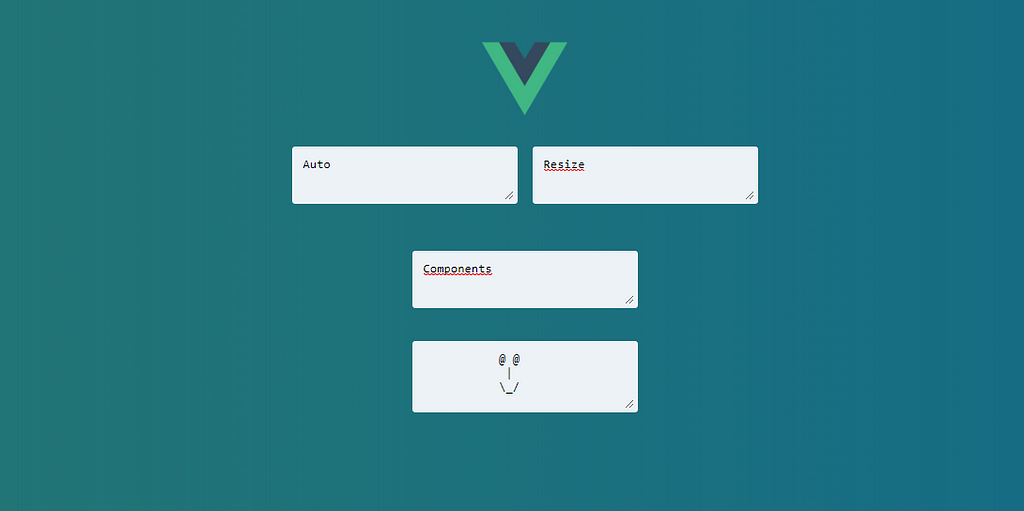 Screenshot from codesandbox presenting four textareas. There is a smile in the last one.