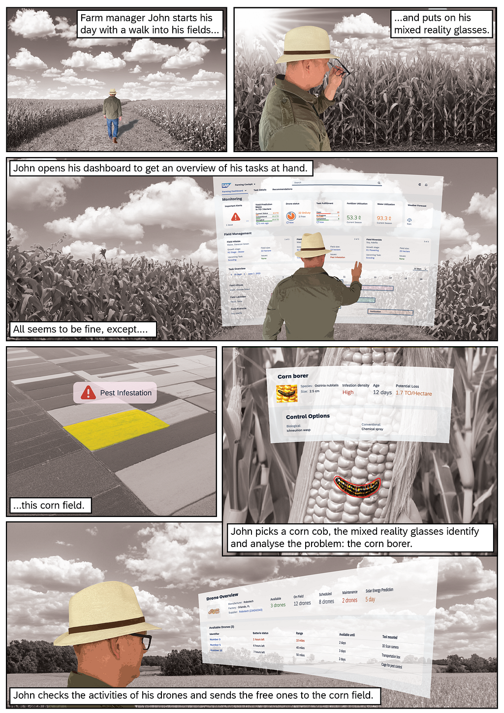 An immersive storyboard for SAP Intelligent Agriculture. In the storyboard, a farmer named John is seen standing in a corn field accessing a hologram of the app’s UI. In the story, he identifies a pest infestation and sends a drone to the fields to manage the pest. A week later, John again pulls up the hologram dashboard and sees the control of the infestation was a success.