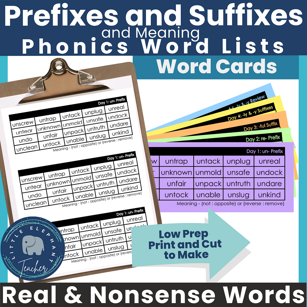 Are your students struggling with decoding multisyllabic words? These phonics word lists were created for Prefixes and Suffixes decoding and blending phonics-based instruction. The phonics word lists are systematic and sequential and teach each meaning. There are 40 phonics word cards of Prefixes and Suffixes words in this resource. All multisyllabic word lists have real and some nonsense words (each list has 12–20 words).