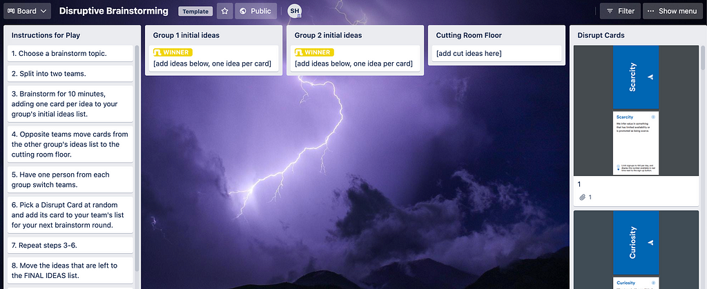 Screenshot of a Trello board titled Disruptive Brainstorming. The board has a background photo with a lightning storm and shows four lists: Instructions for play, Group 1 initial ideas, Group 2 initial ideas, Cutting Room Floor, and Disrupt Cards.