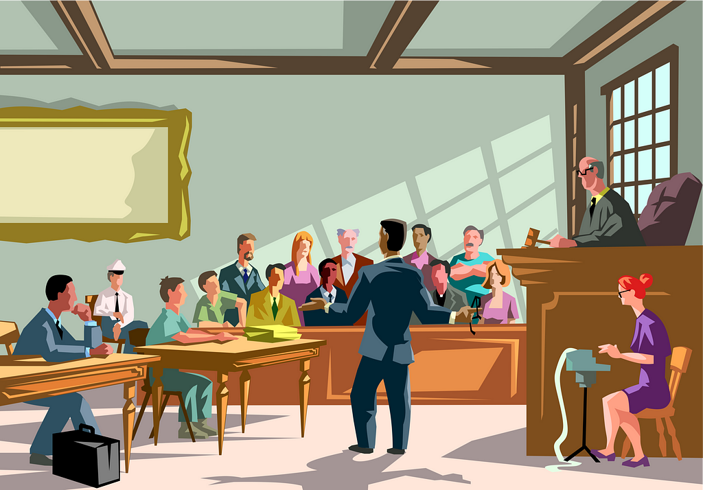 A brightly colored illustration shows a courtroom. Tables for counsel are in the left of the frame, with two people sitting at them. An attorney in the middle of the illustration faces away and stands directly in front of the jury, each of whom is looking at the attorney and listening. A judge holding a gavel in their left hand is on the bench at right. A court reporter sits to the left of the judge’s bench. A window at right is shown with sunlight forming shadows on the wall behind the jurors.