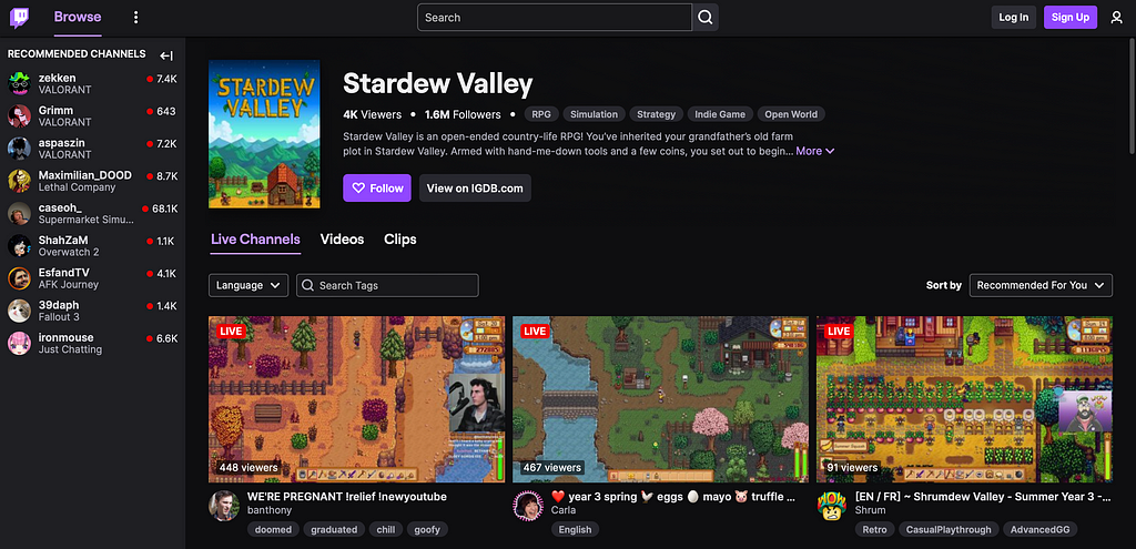 Twitch page for Stardew Valley