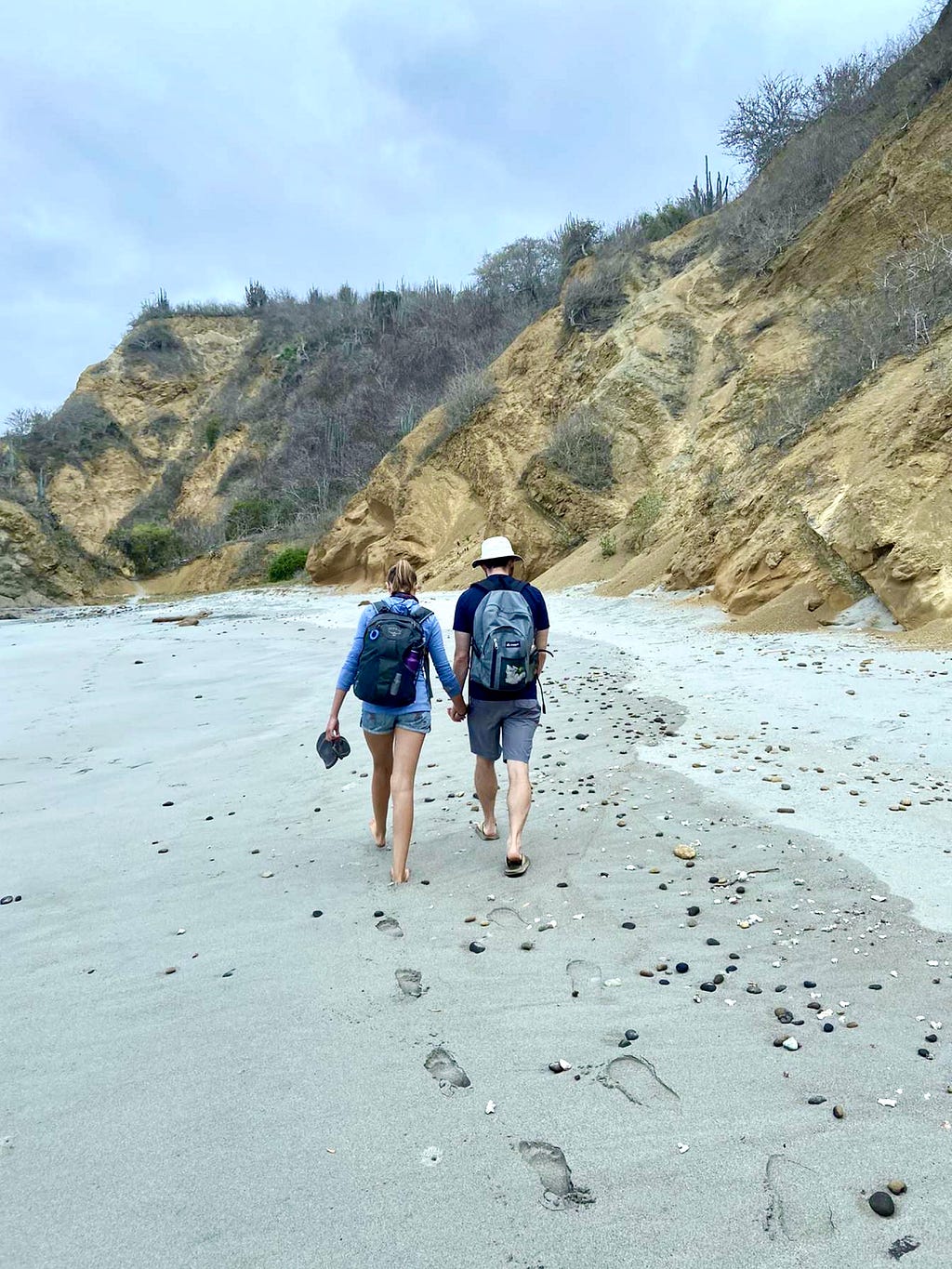 A couple holding hands walk with their backs to the camera on a sandy beach. Cliffs sit to their right with little vegetation
