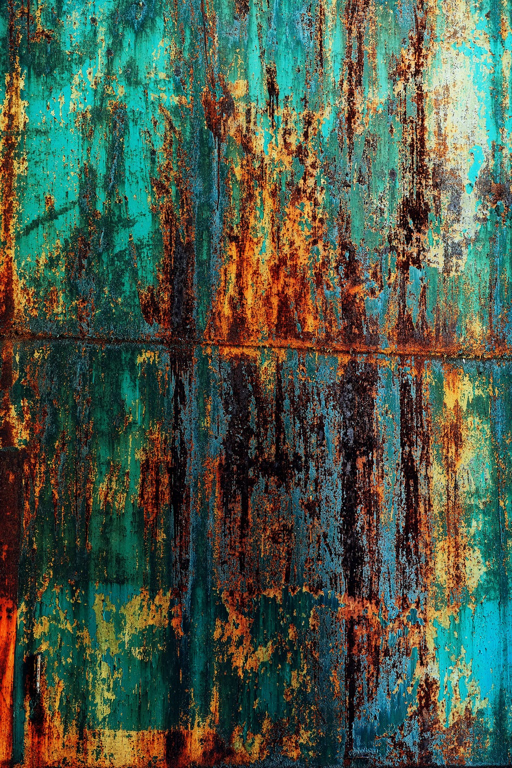 a rusty blue and brown metal door