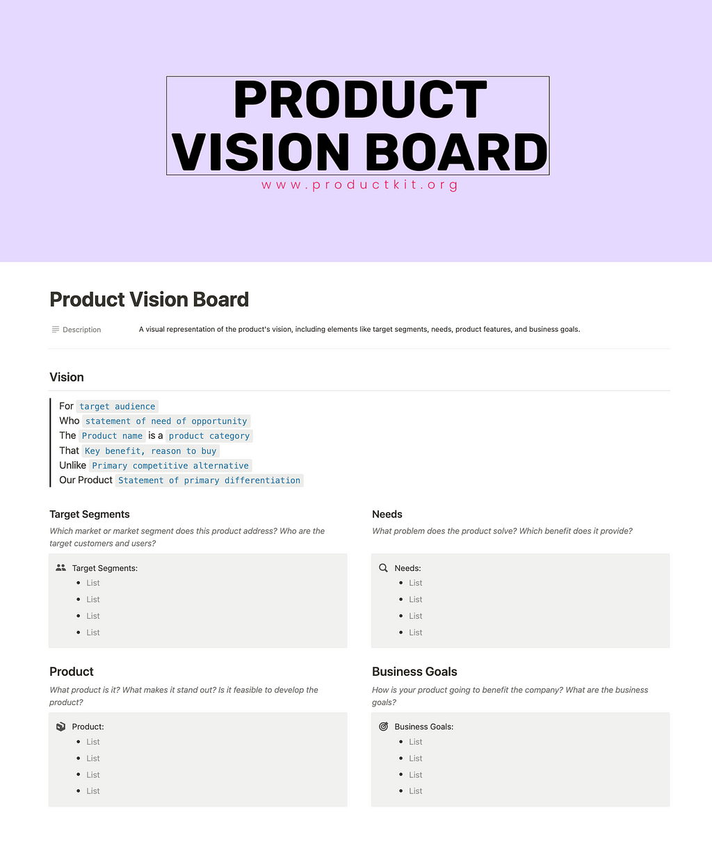 Image of Product Vision Board Notion Template