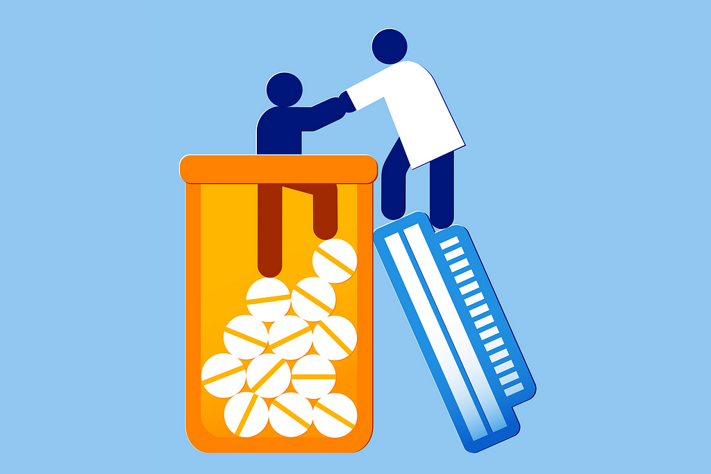 Illustration of a person standing inside of a prescription pill bottle with a doctor reaching to help them out.