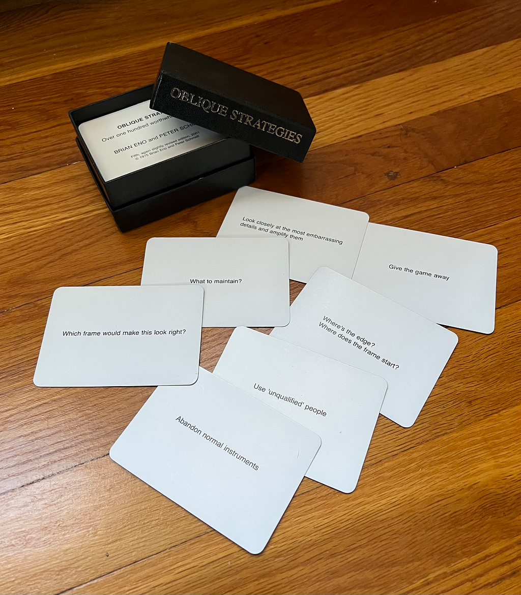 Photograph of Brian Eno and Peter Schmidt’s card set called Oblique Strategies