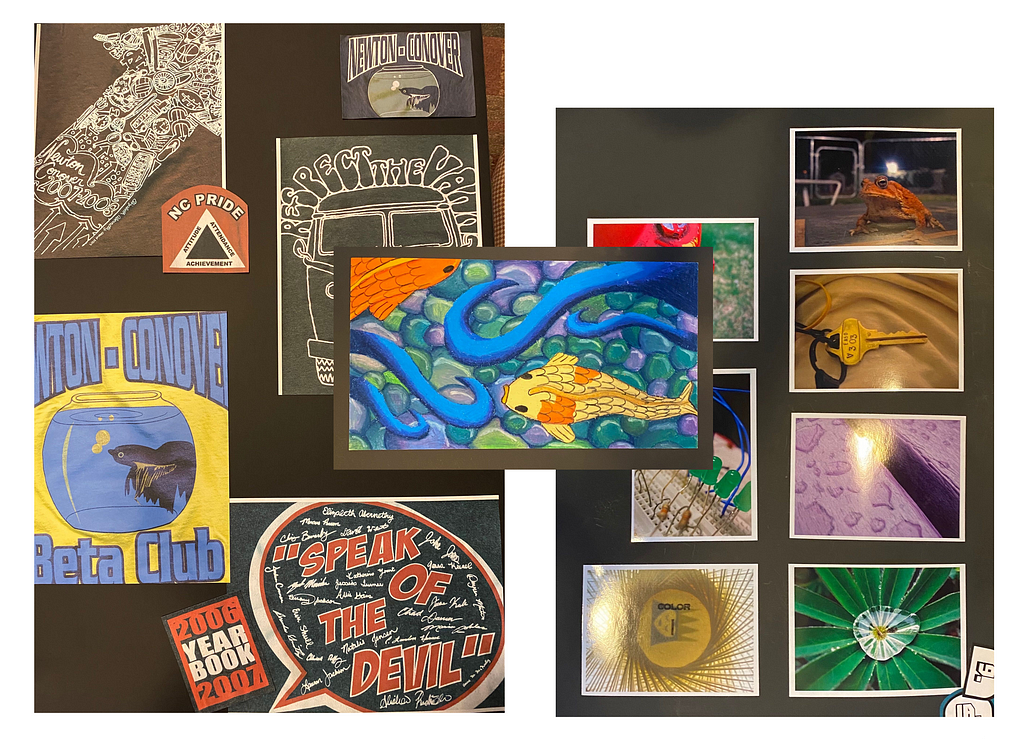 A collage of items that Liz submitted in her portfolio, including t-shirt designs, a drawing of a fish, and some photos.