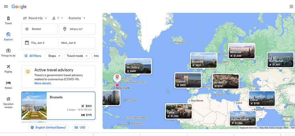 Google maps image showing destinations you can fly to