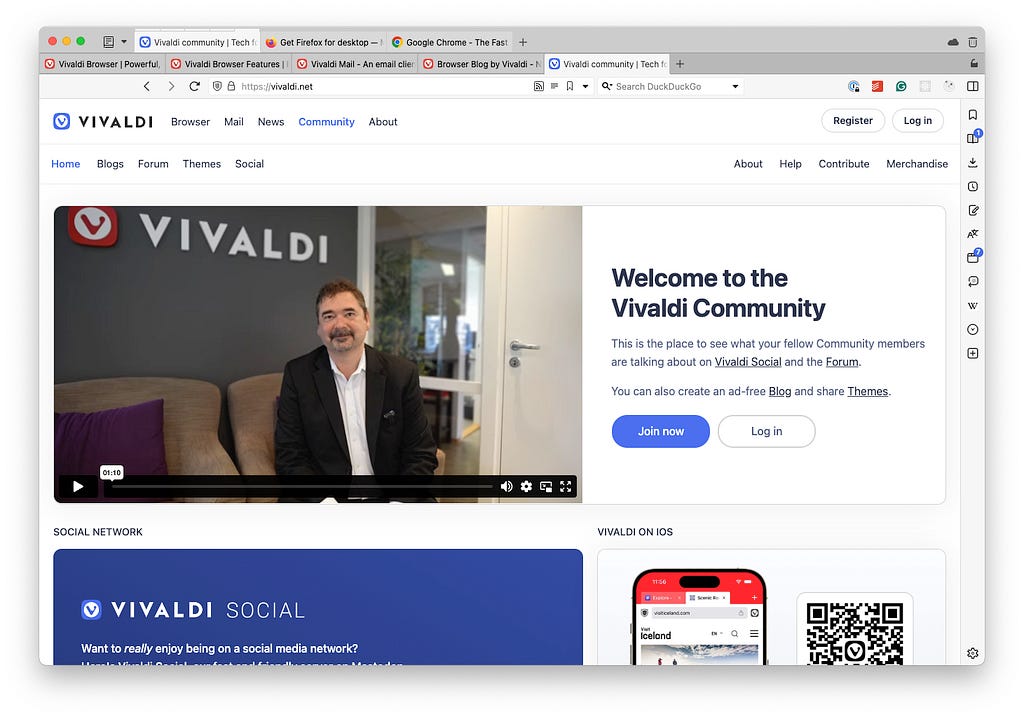 A screenshot of the Vivaldi browser, browsing vivaldi.net.