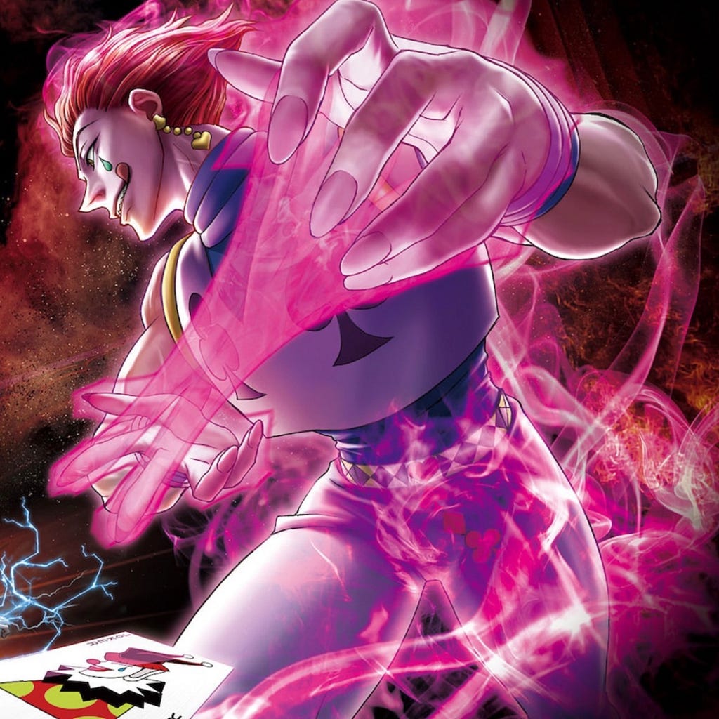 Official art of Hisoka the Magician, from Hunter x Hunter. He’s striking a dynamic pose, smiling sinisterly, and utilizing his stretchy pink Bungee Gum ability.