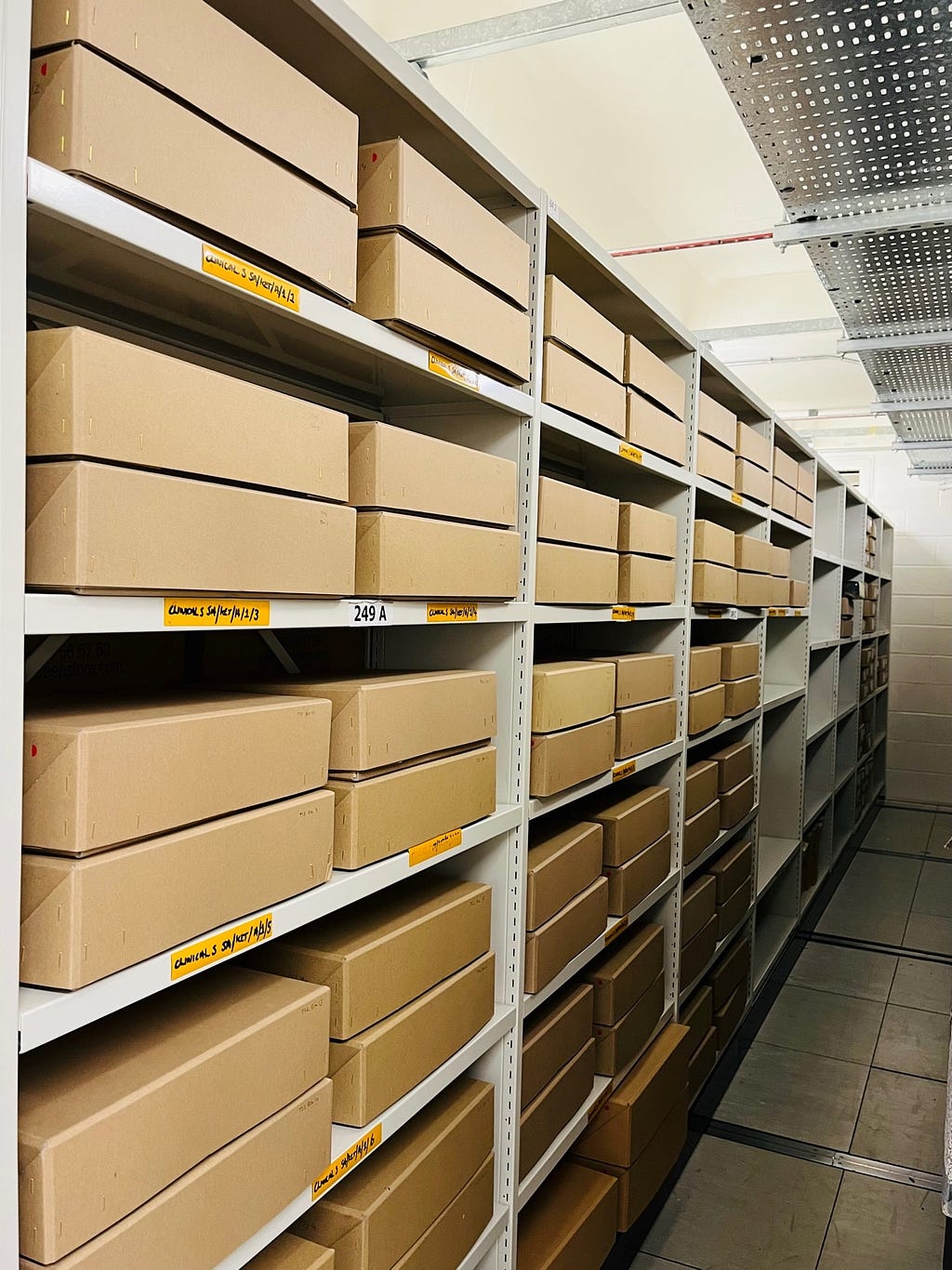 Rows of brown archive boxes that represent completed clinical study archive cataloguing.