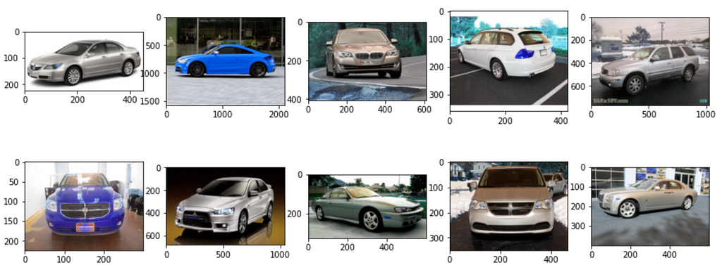 A plot of 10 car images. Each car is of a different make and model.
