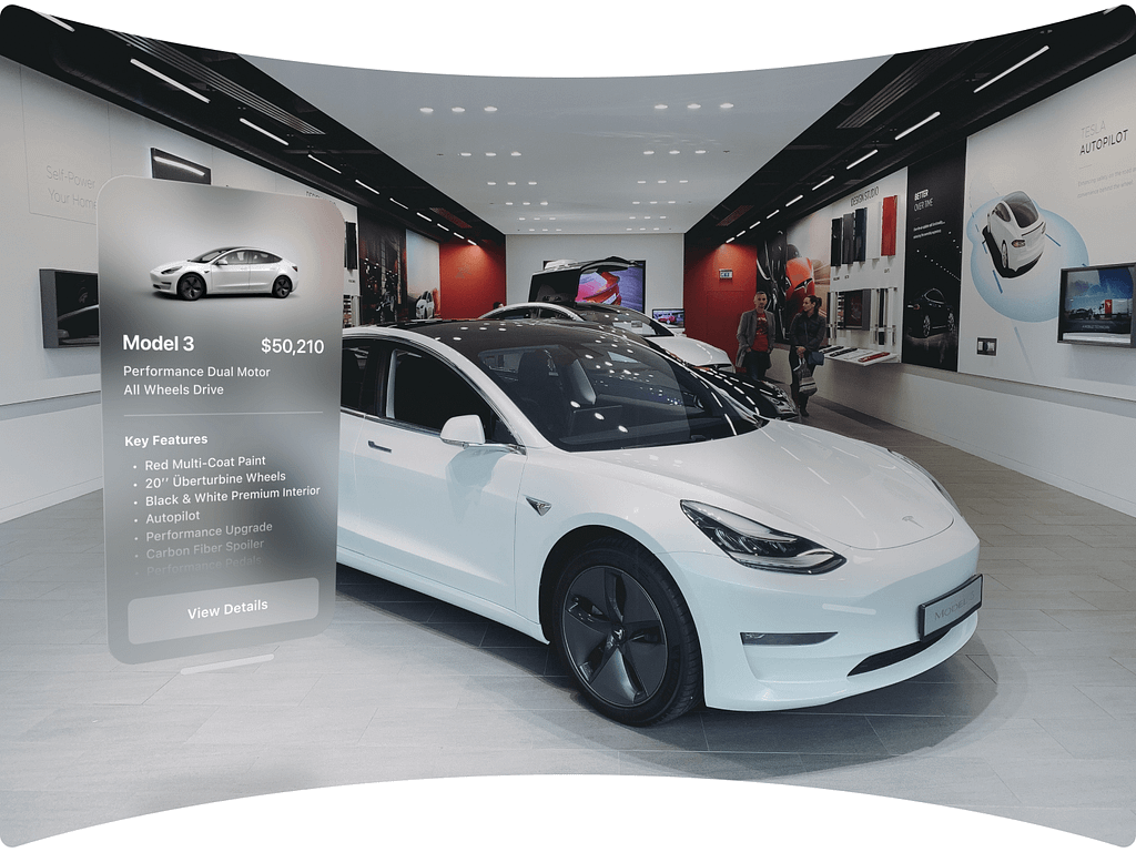 A viewer with AR glasses sees a real, white Tesla Model 3 in a showroom. An augmented digital overlay displays the car’s model, price, and features, with an option to view more details.