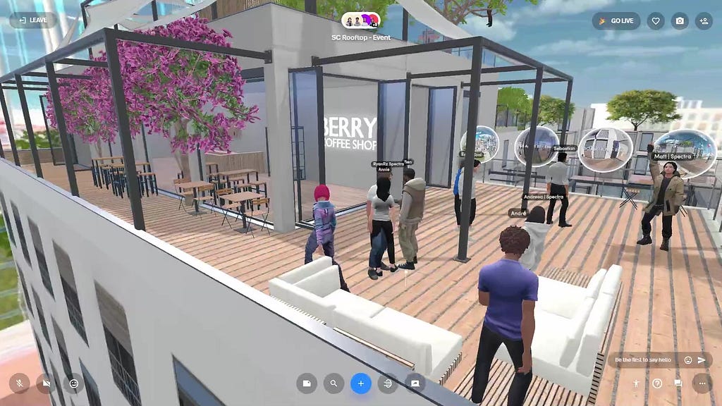 A group of human avatars standing around a rooftop cafe in a virtual reality scene.