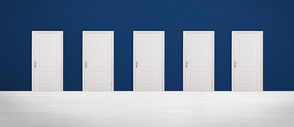 5 doors representing multiple ways to solve the same problem.