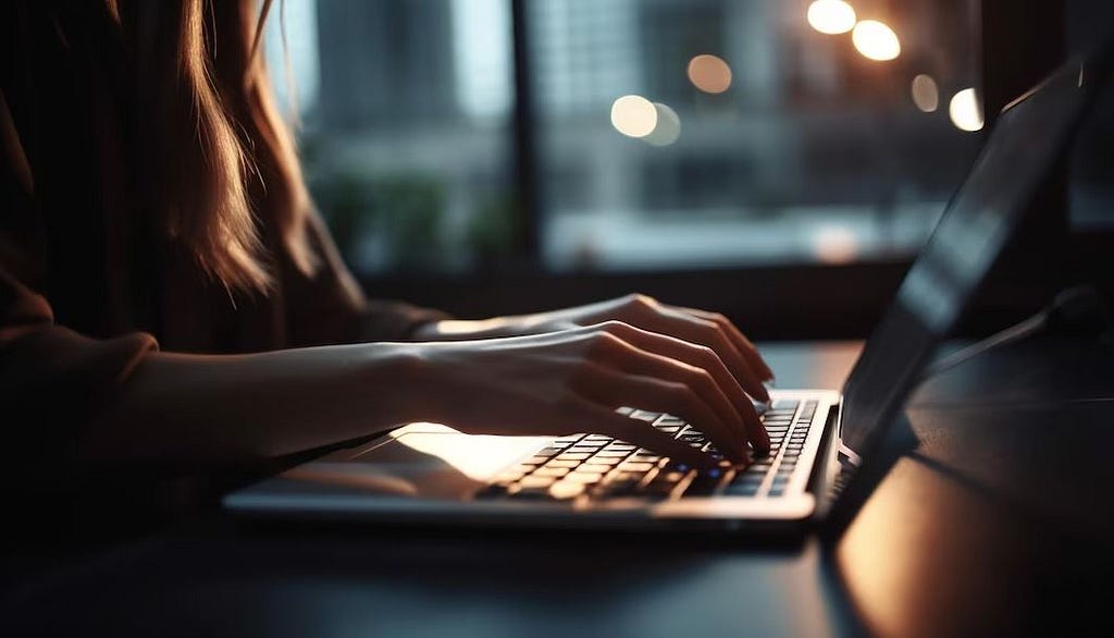 A focused woman typing on a laptop in front of a window, completely immersed in her tasks.