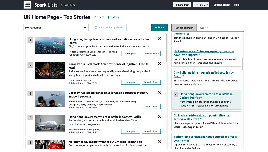 Screenshot of Spark Lists — application for managing the top stories on the FT homepage