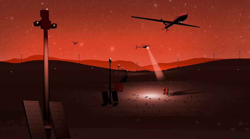 Digital graphic of planes, drones, and surveillance systems overlooking a barren border at night.