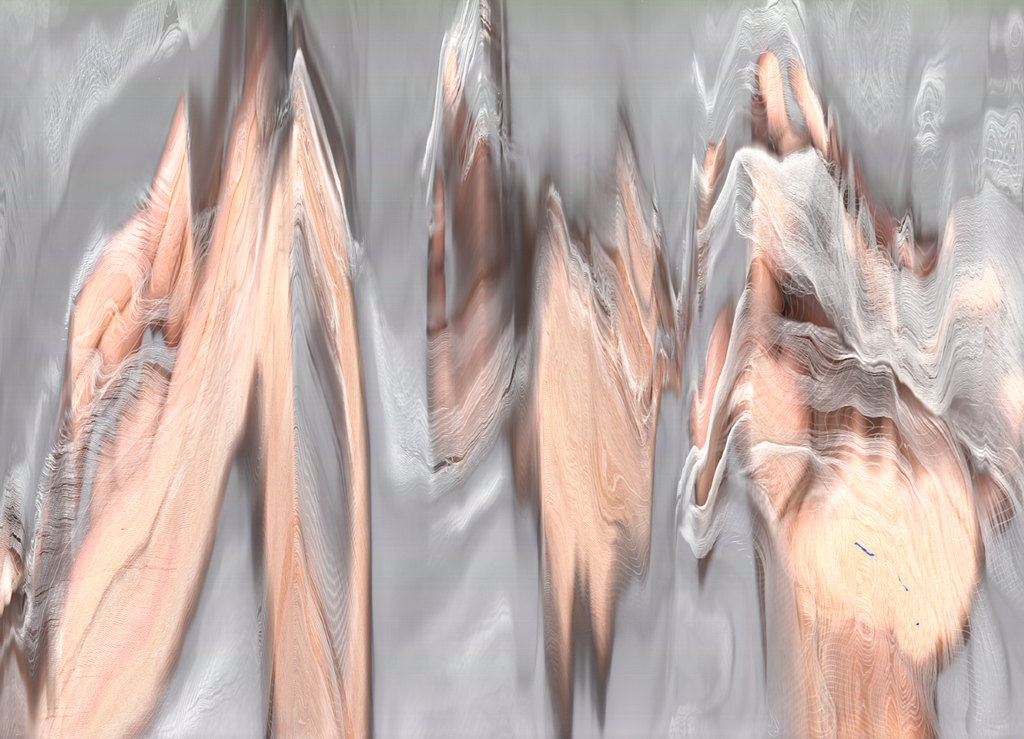 Distorted image of what looks like a body with a woven nylon material between the body and viewer. Image made by Brittany Jurene Camacho by wearing a “skin” that Coralys wove and pressing her body against a scanner, moving as the image is scanned.