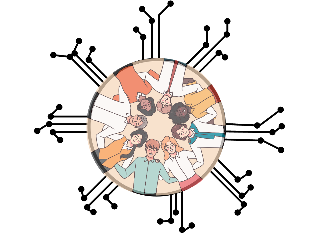 Illustration of a group of people representing a society in the middle of a digitalized circle