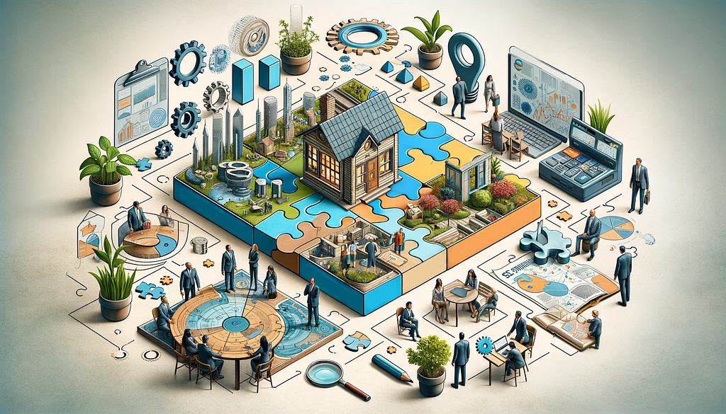 Illustration of the HOME Improvement approach for SMEs, featuring a jigsaw puzzle integrating a business setting with strategic elements. Key components include a puzzle piece labeled ‘HOME’, gears, a compass, plants symbolizing growth, and diverse professionals engaged in discussion, embodying the concepts of holistic analysis, operational efficiency, strategic mapping, and employee engagement.