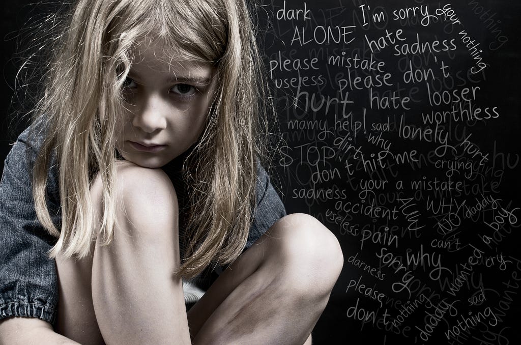 a young girl who has been abused, and her all feelings written on a nearby chalkboard