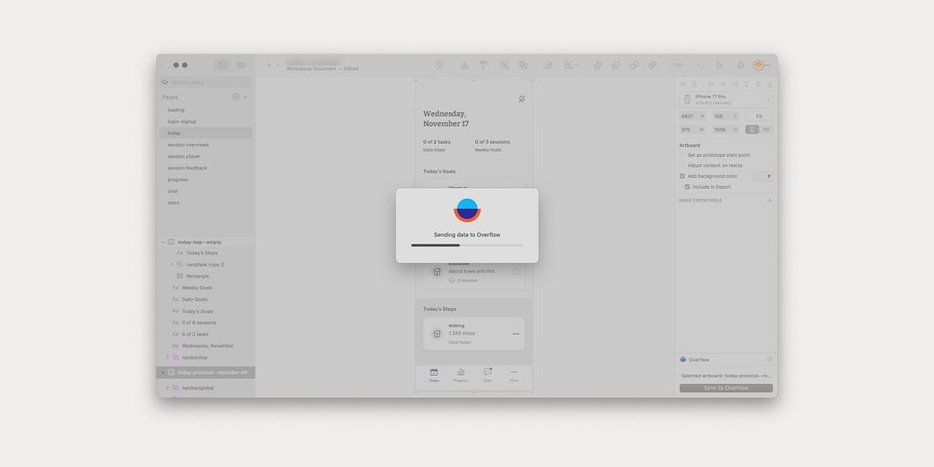 Screenshot showing the plugin inside Sketch document to update Overflow