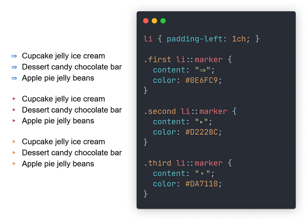 Code snippet with preview with colored arrows instead of default bullets.