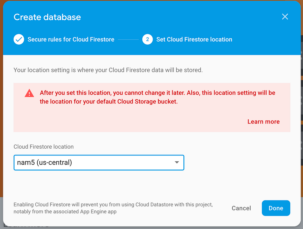 Choosing firestore database location.