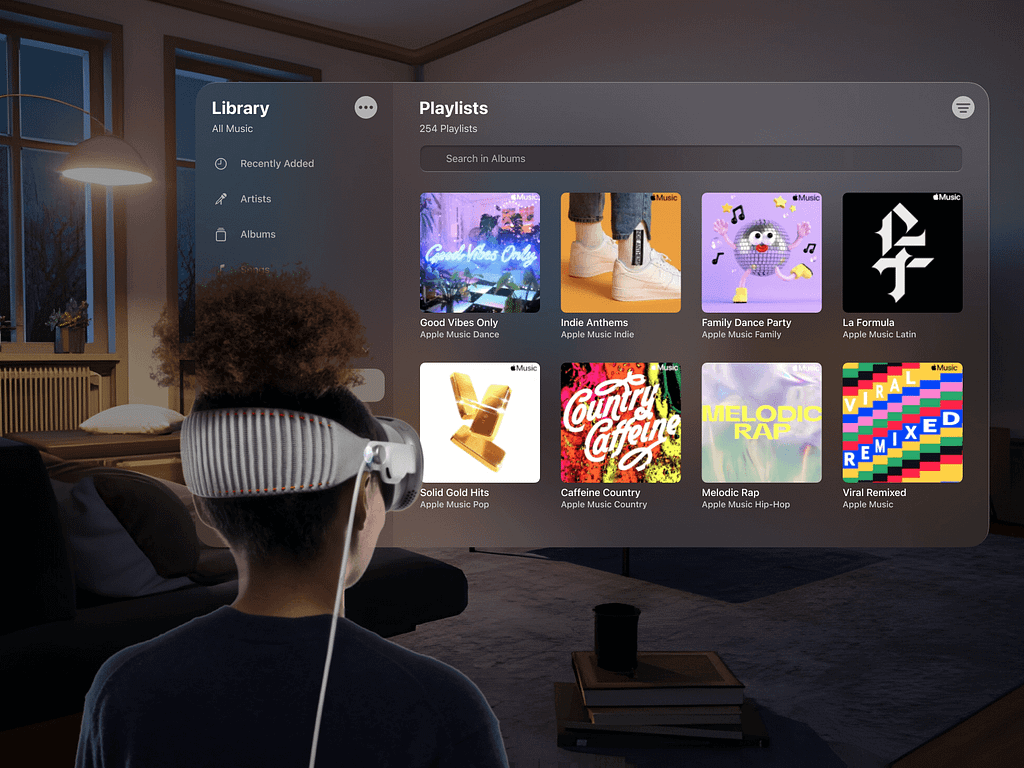 A girl experiencing apple’s vision pro’s music library.