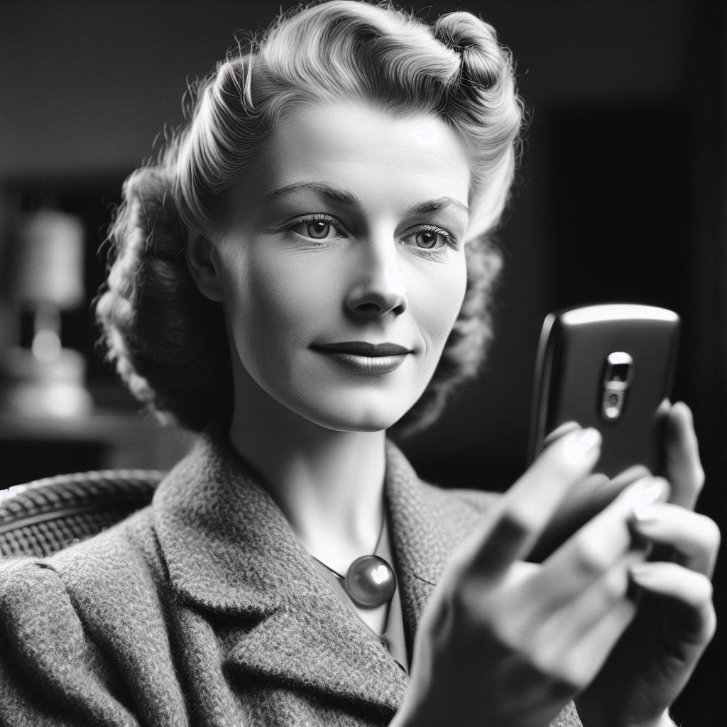 1948 middle-age woman looks at a smart phone in a black and white photo style