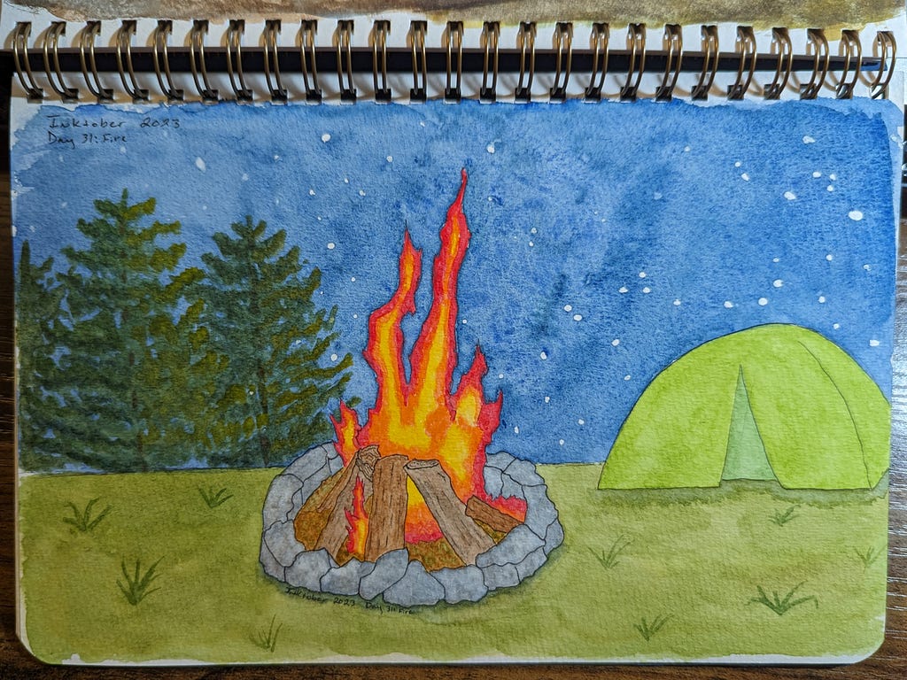 A campfire with a tent, trees, and a start sky behind it. Painted for the prompt “fire.”